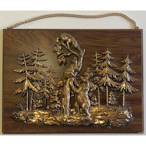 Vintage A & F Faux Copper Finish / Plastic Bear Wood Wall Plaque Made In Canada